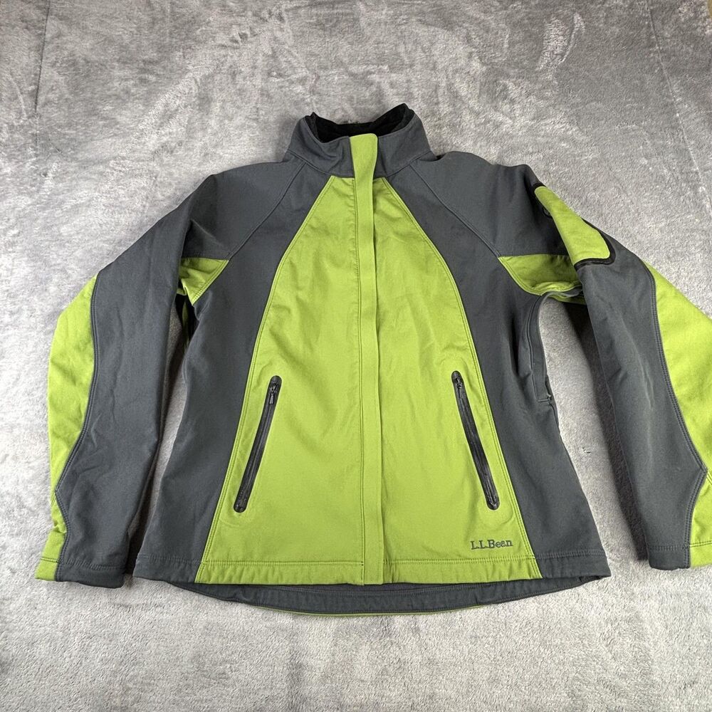 LL Bean‎ Jacket Womens Medium Green Gray Softshell Full Zip Pit Zips Pockets